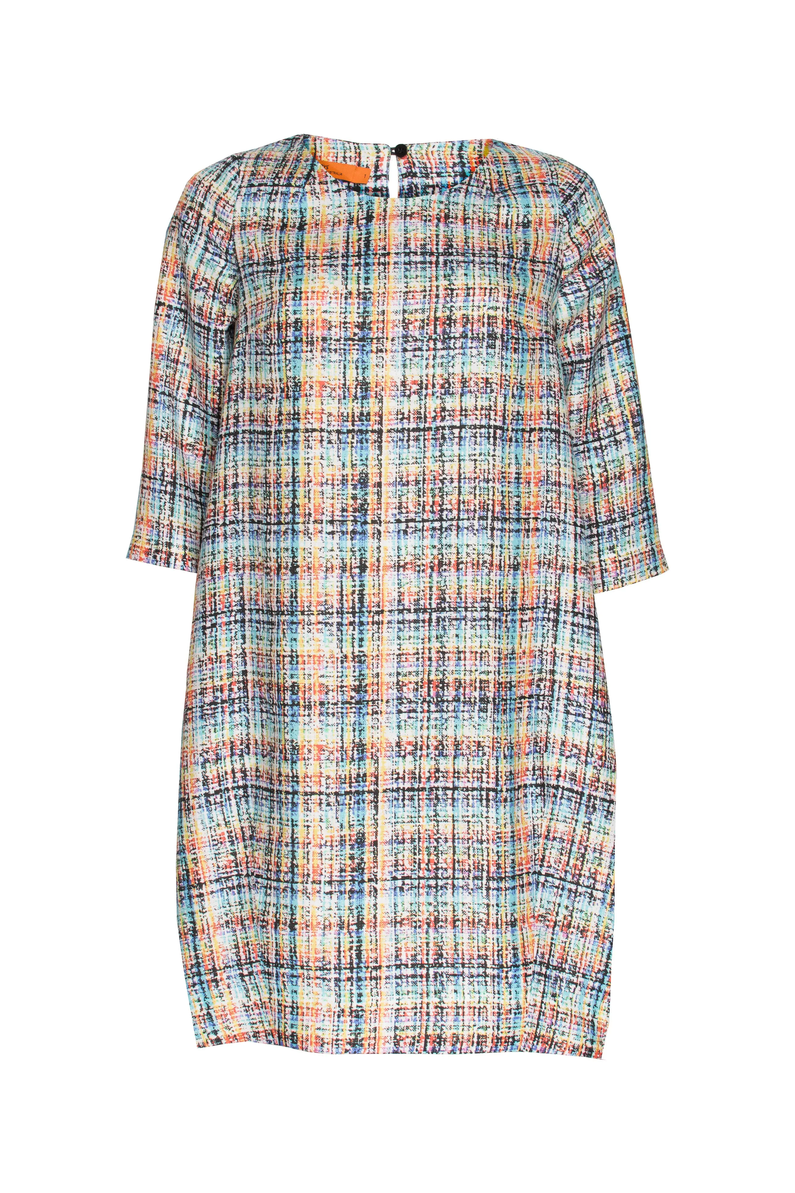 3/4 Sleeve Tulip Dress - Multi Check Linen 9760