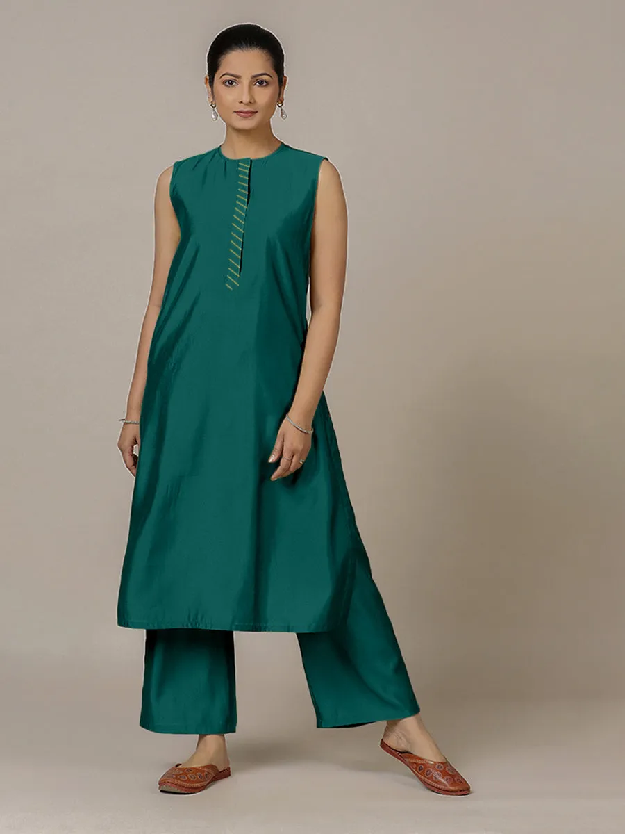 Adah x Rozaana | A Line Kurta in Peacock Green with Thread Work | Coords or Only Kurta