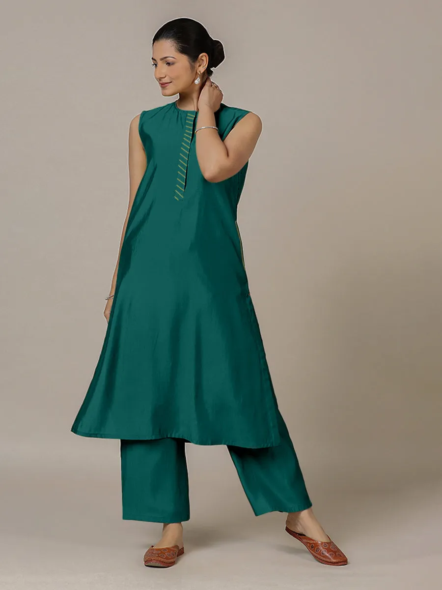 Adah x Rozaana | A Line Kurta in Peacock Green with Thread Work | Coords or Only Kurta