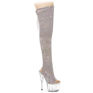 ADORE-3019C-RS Silver Rhinestone Platform Thigh High Peep Toe Boots