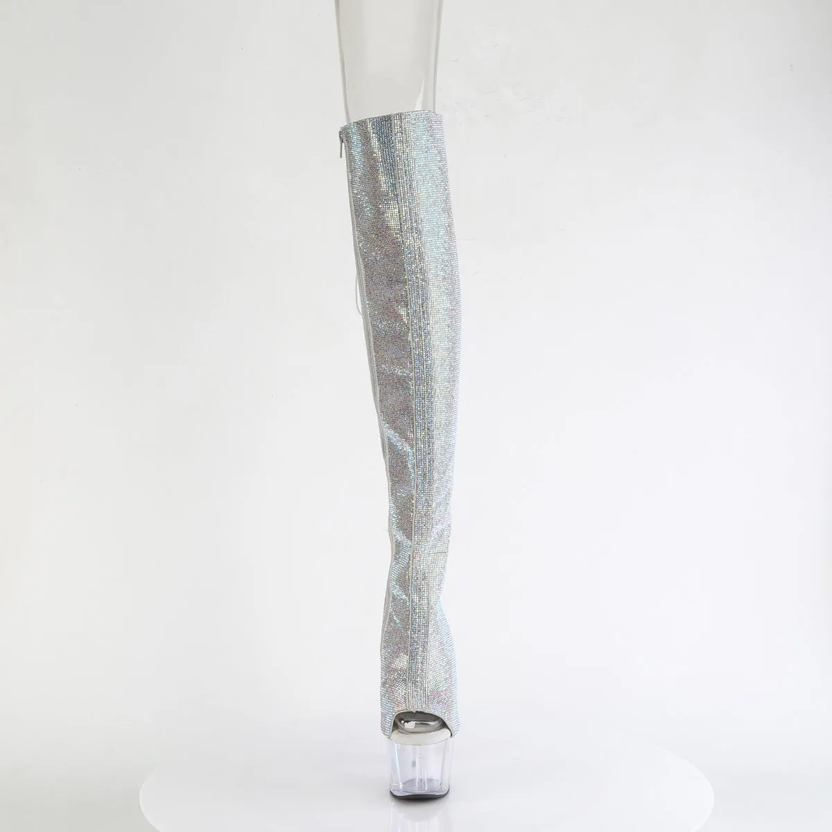 ADORE-3019C-RS Silver Rhinestone Platform Thigh High Peep Toe Boots