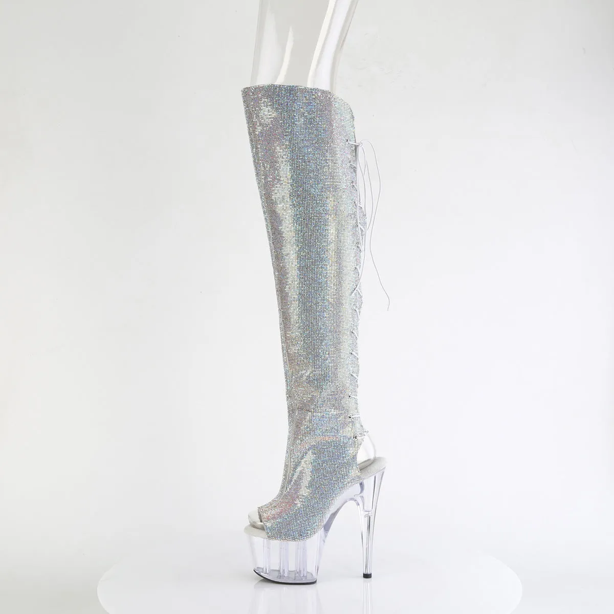 ADORE-3019C-RS Silver Rhinestone Platform Thigh High Peep Toe Boots