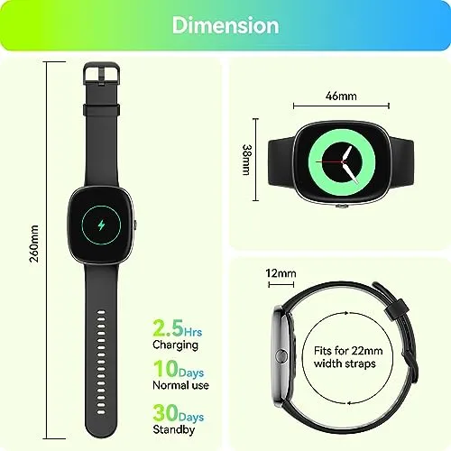 anyloop Smart Watches for Men Women with 24/7 Heart Rate Blood Oxygen Monitor Sleep Tracking, 46mm 37g Step Calorie Counter Fitness Watch Activity Trackers for iOS and Android Phones