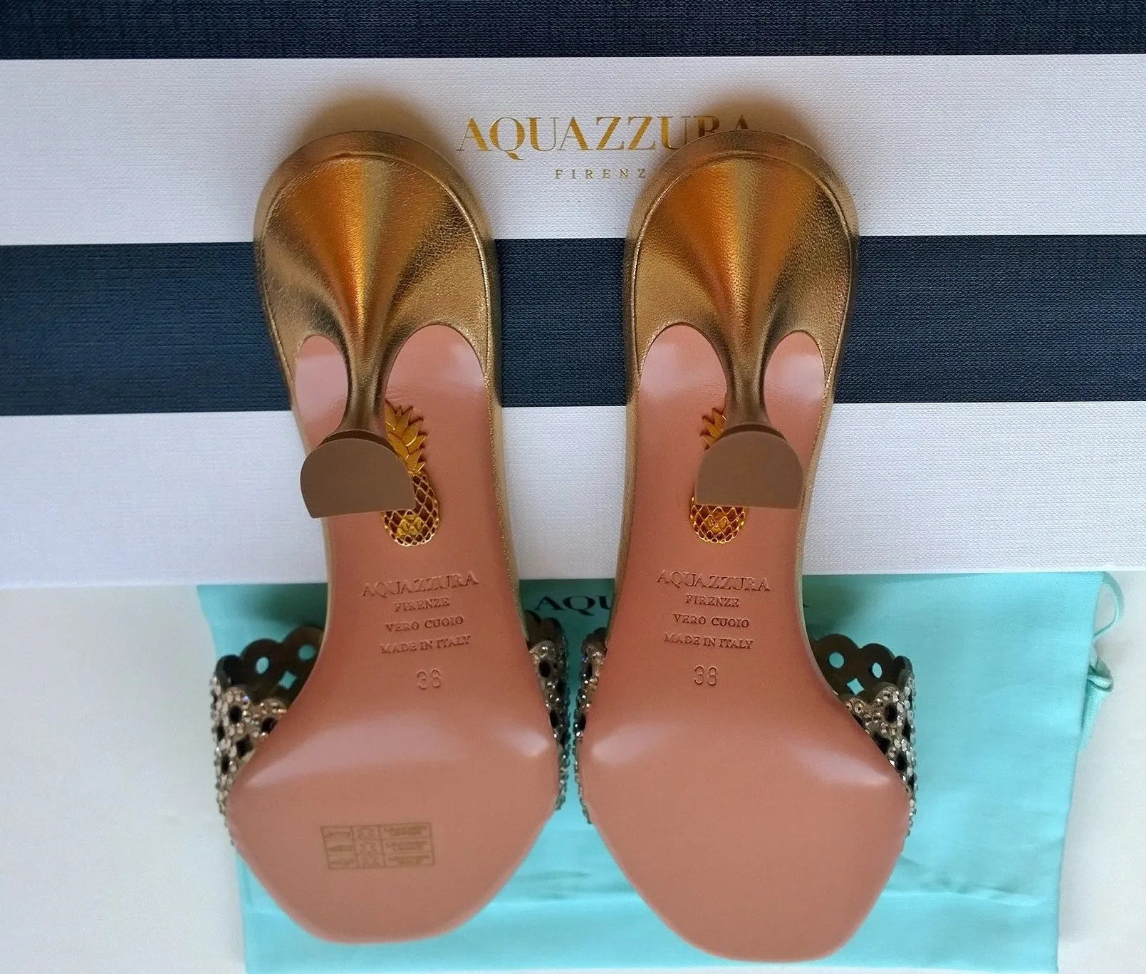 Aquazzura Gold Candy 75 Crystal Rhinestone Slides Sandals