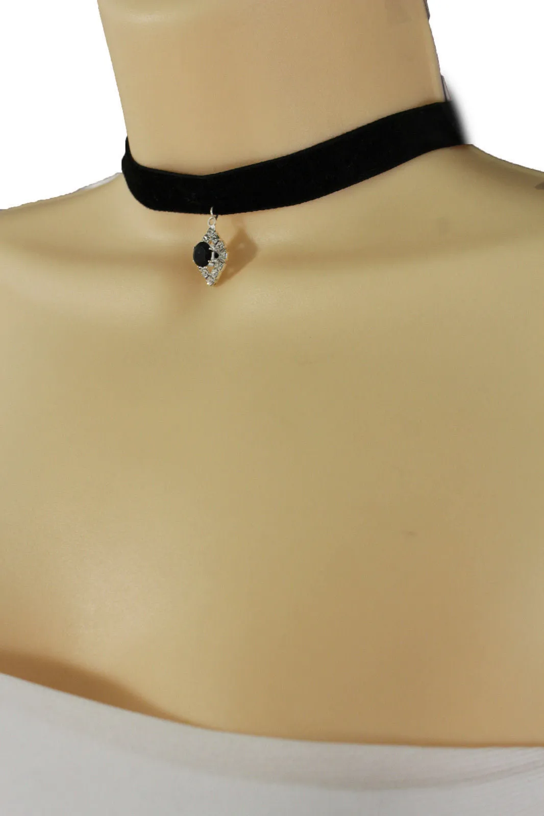 Black Faux Suede Thin Strap Narrow Charm Choker Necklace Jewelry Accessories