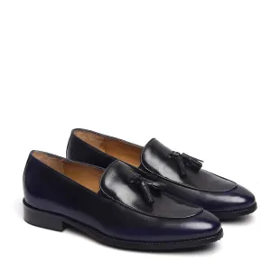 Blue-Black Brushed Off Leather Tassel Formals Shoes