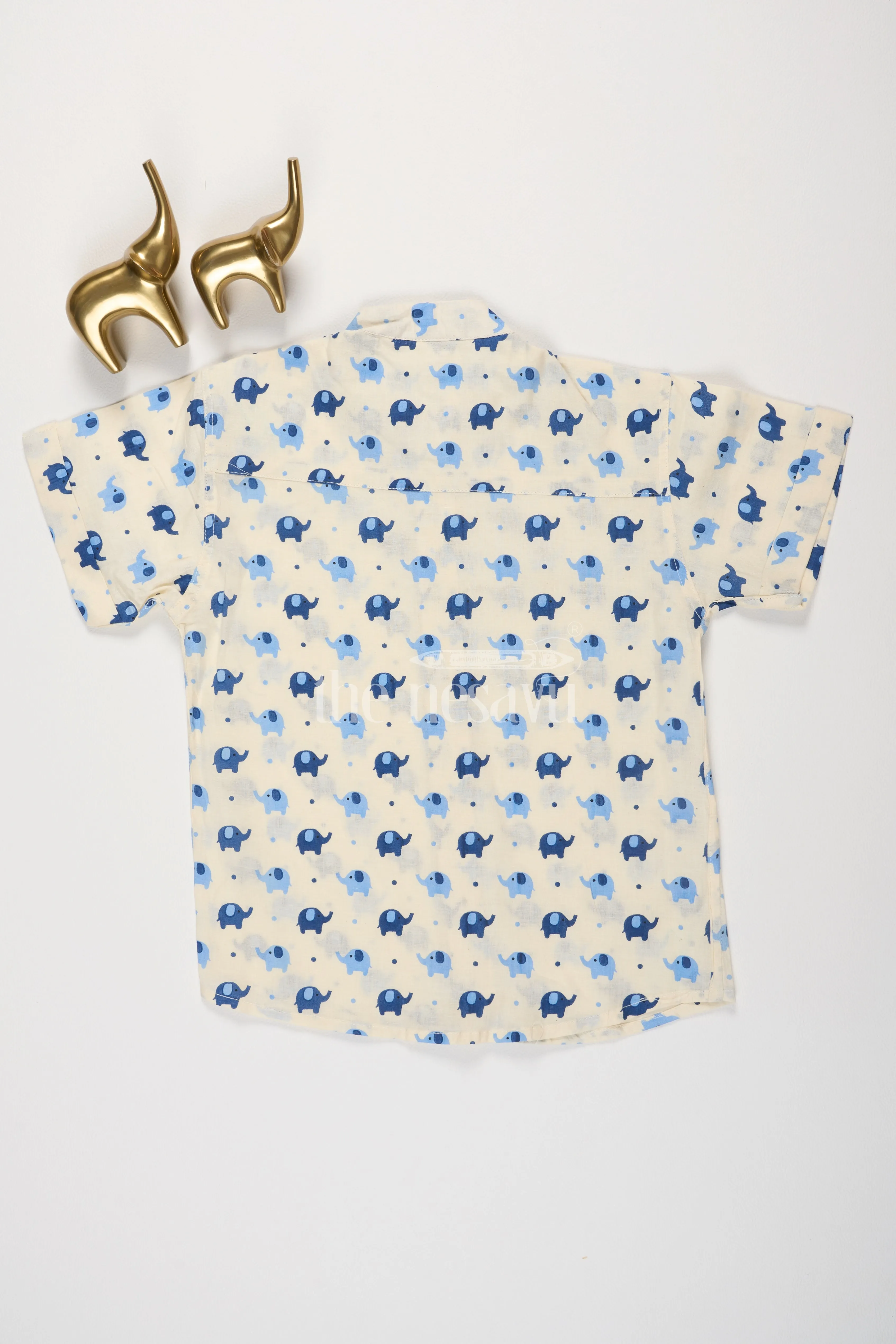 Boys Beige Cotton Shirt with Blue and Navy Elephant Print for Fun and Playful Casual Wear