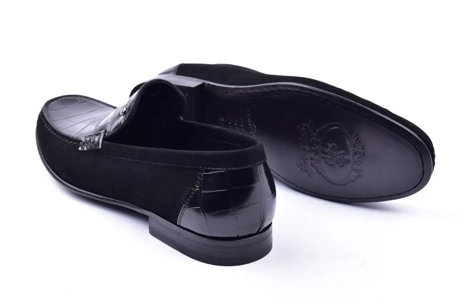 Corrente Crocodile Embossed Calfskin & Suede Loafer Black