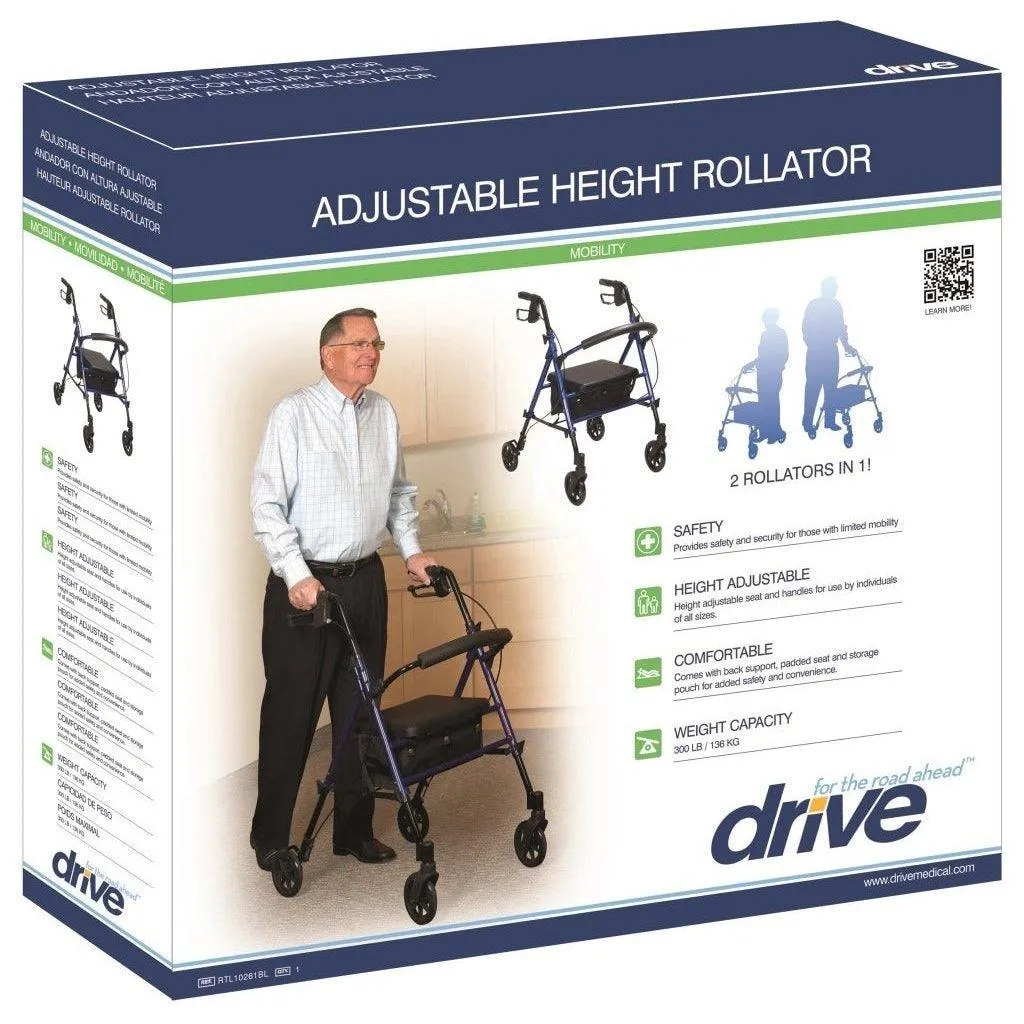 Drive Medical Adjustable Height Rollator Rolling Walker w/ 6" Wheels