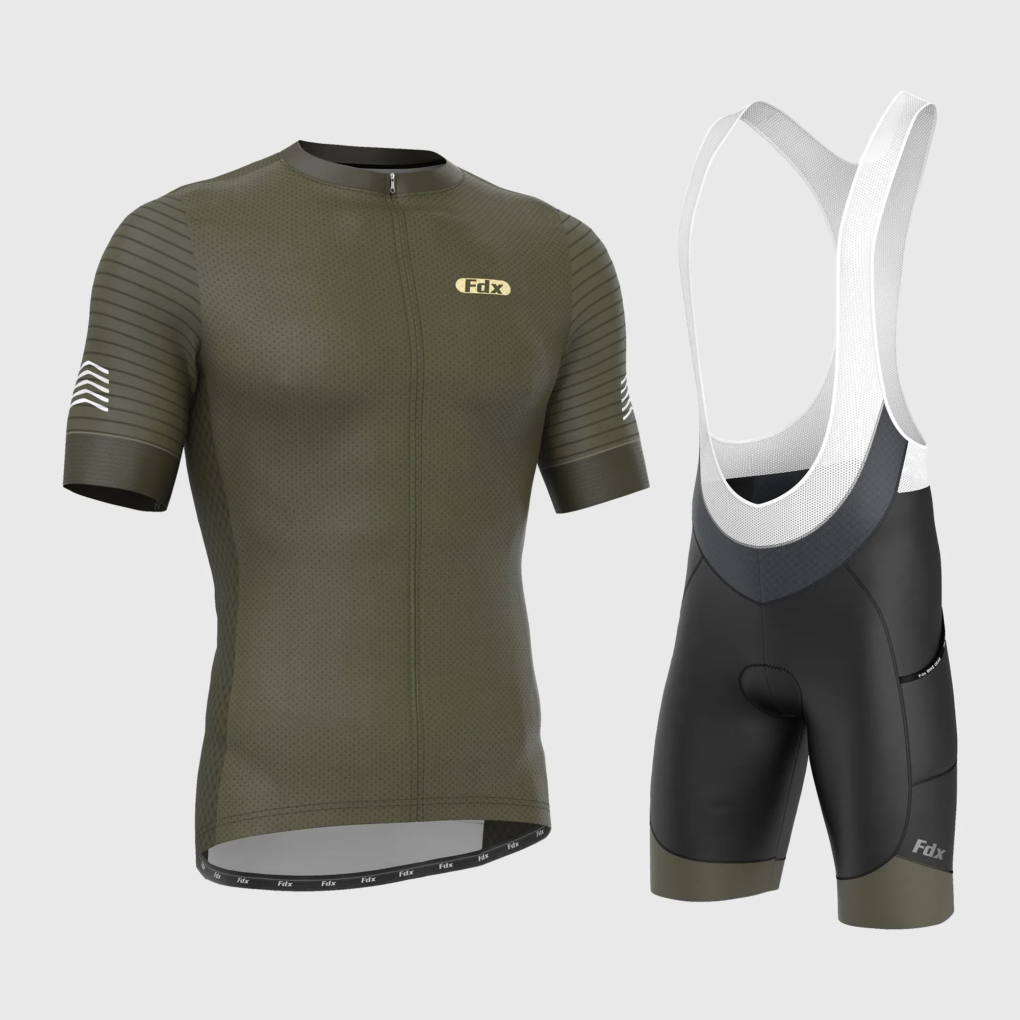 Fdx Men's & Boy's Set Essential Green Short Sleeve Summer Cycling Jersey & Cargo Bib Shorts