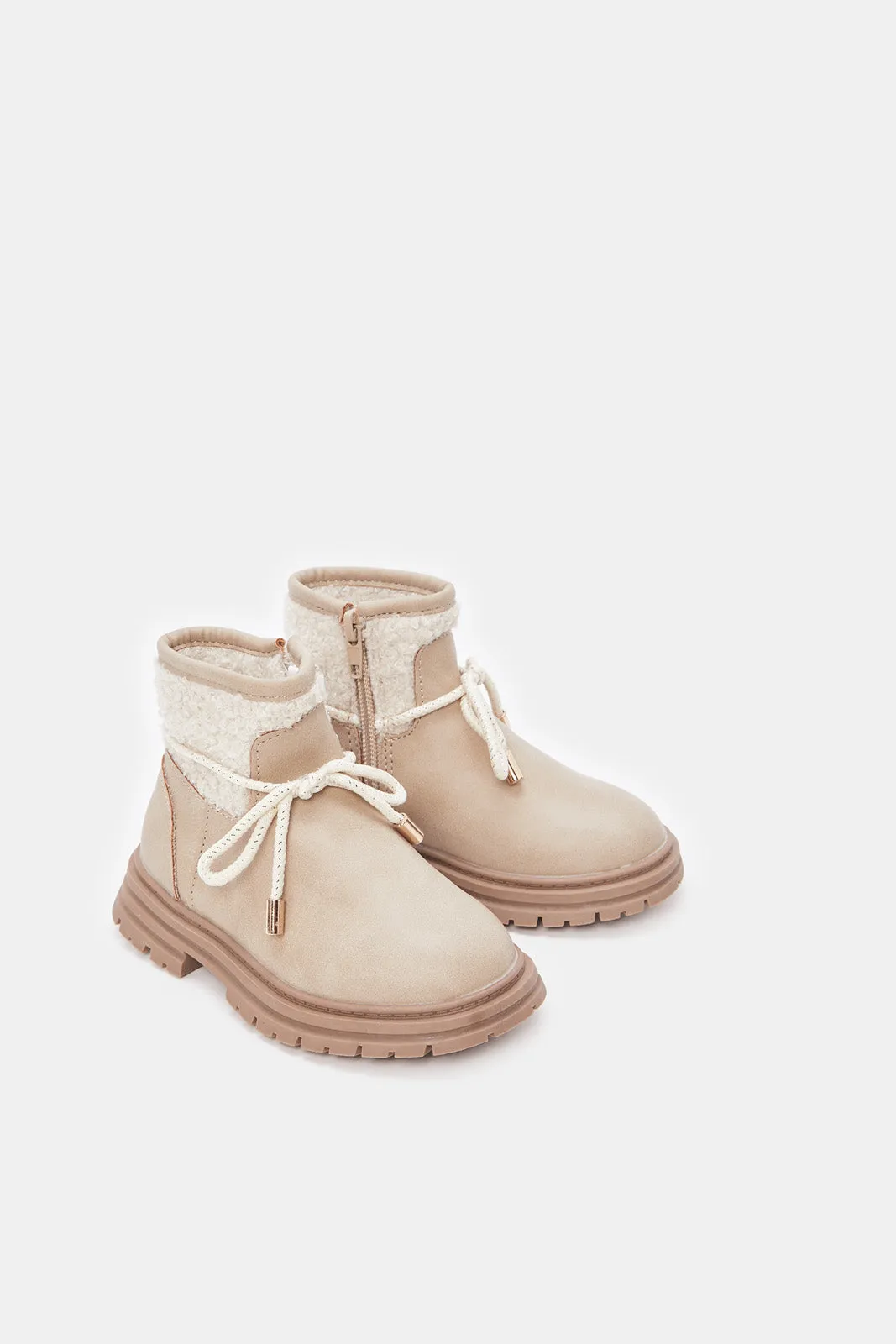 Girls Beige Fur Detail Chukka Boots