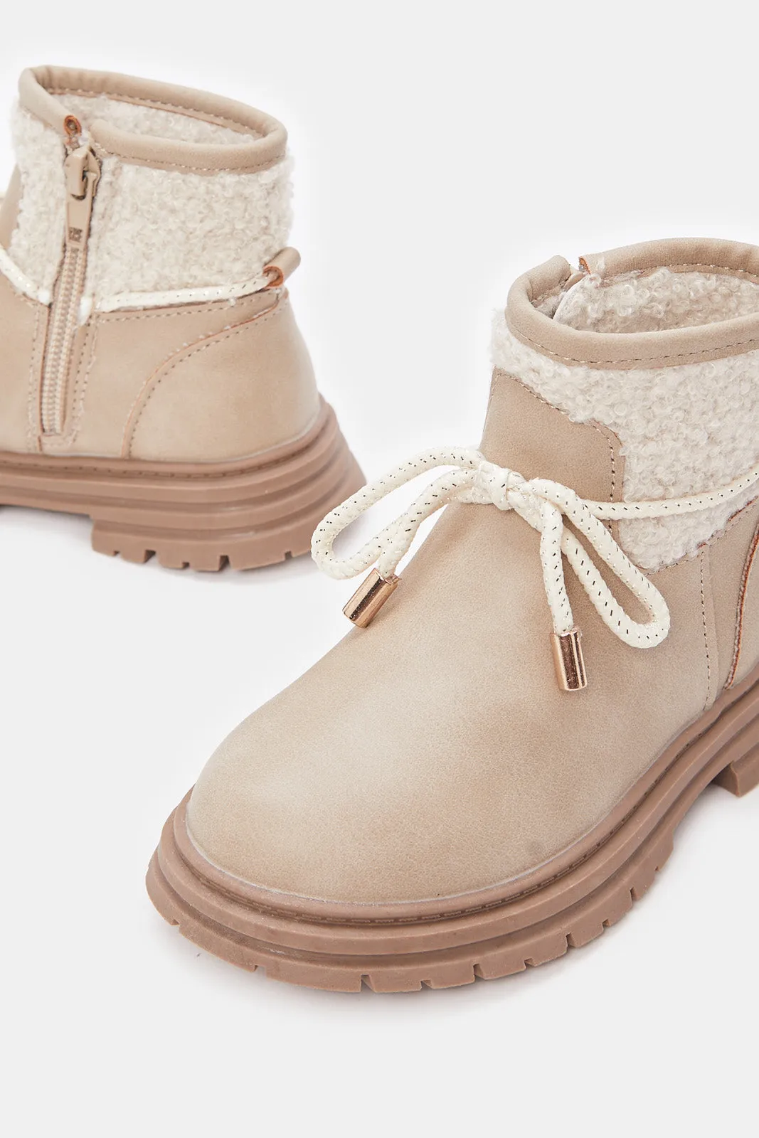 Girls Beige Fur Detail Chukka Boots