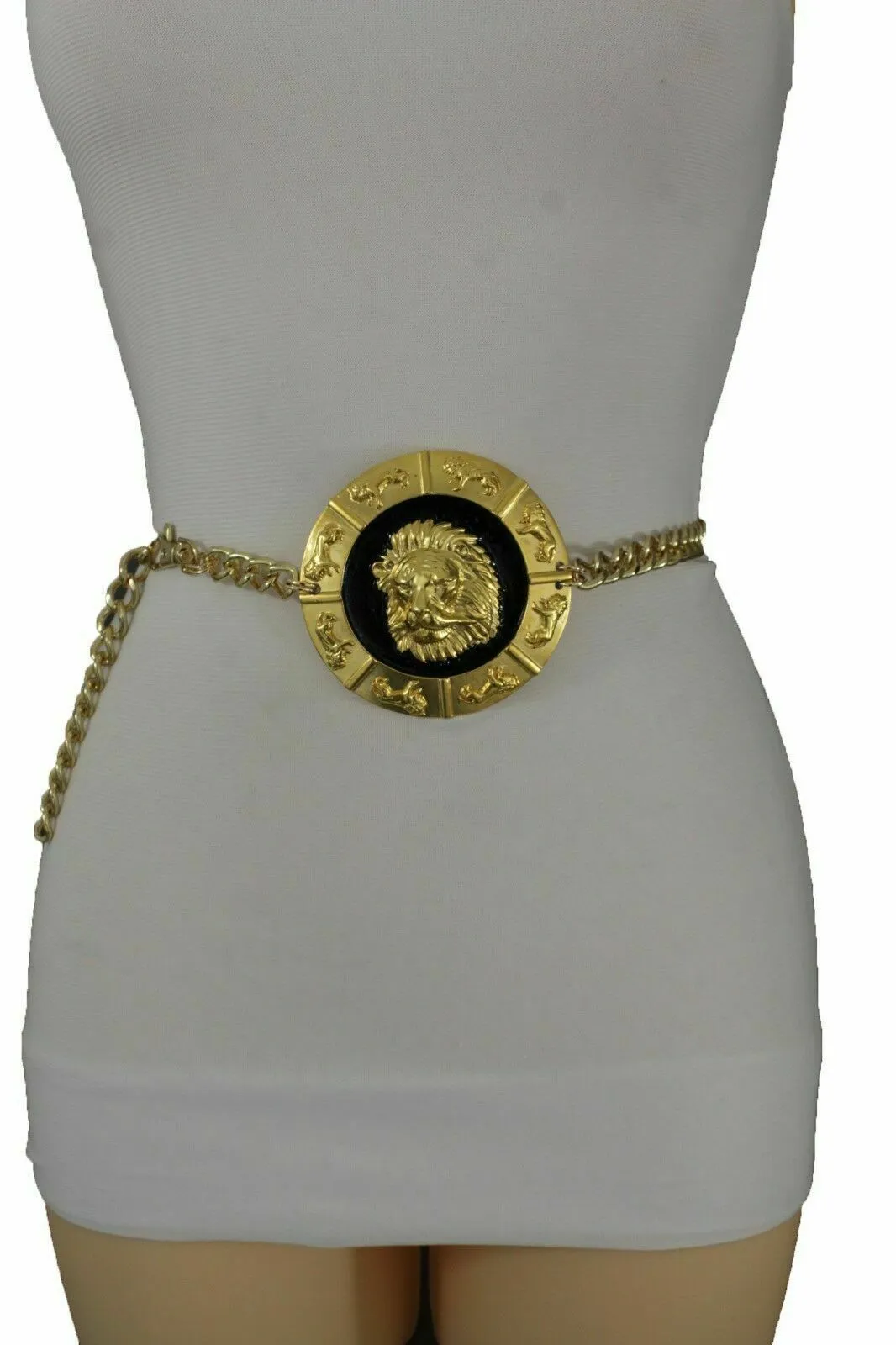 Gold Metal Chain Belt with Large Lion Head Medallion Pendant