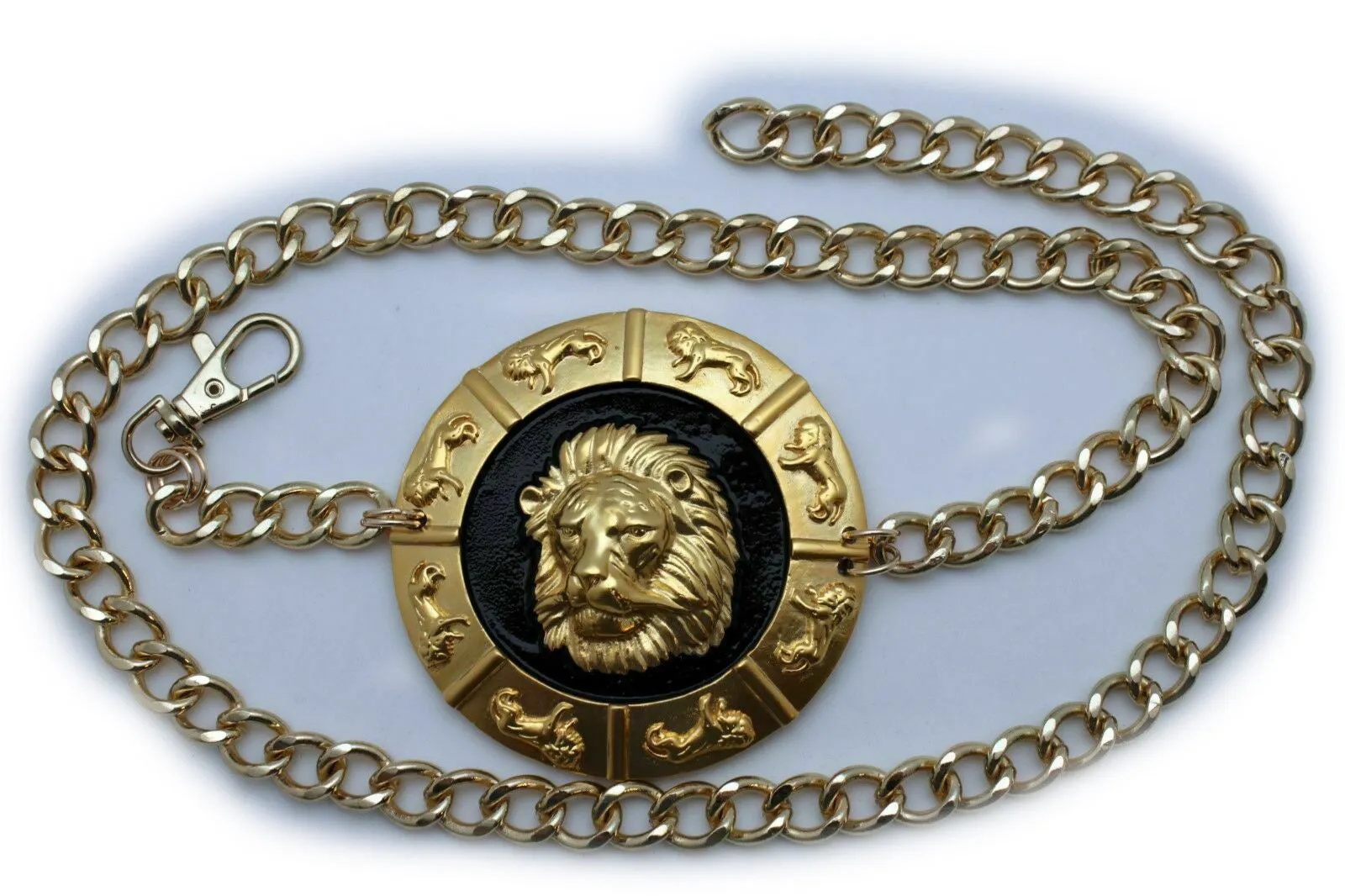 Gold Metal Chain Belt with Large Lion Head Medallion Pendant