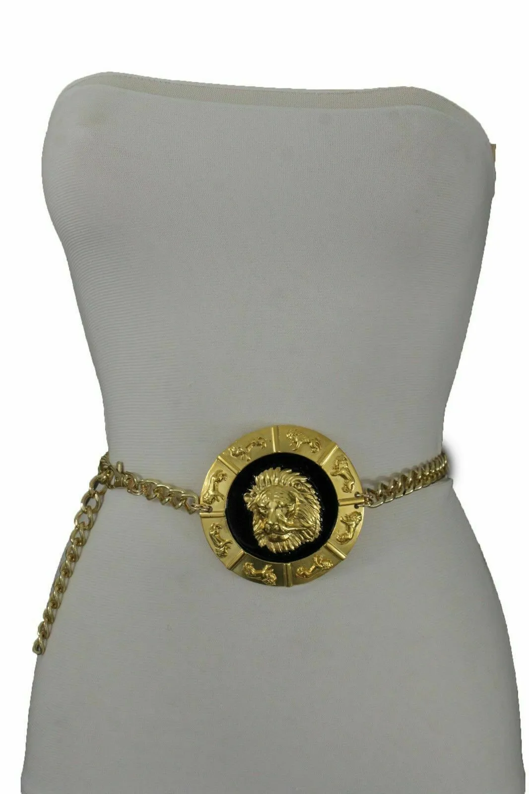 Gold Metal Chain Belt with Large Lion Head Medallion Pendant