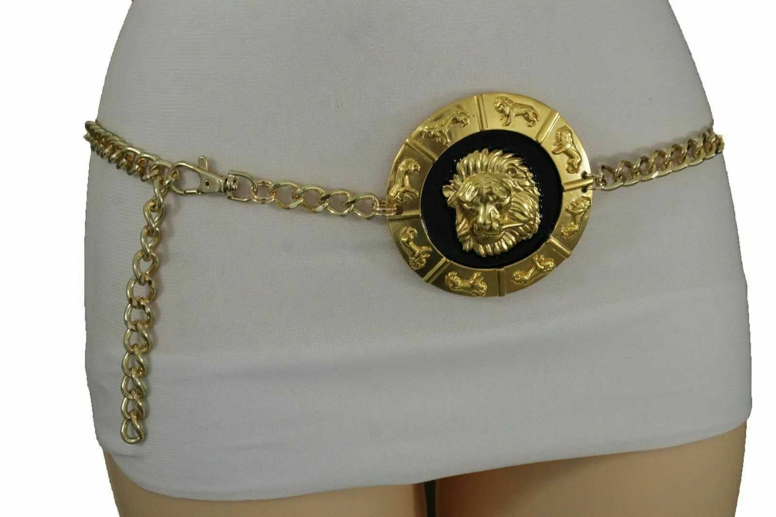 Gold Metal Chain Belt with Large Lion Head Medallion Pendant