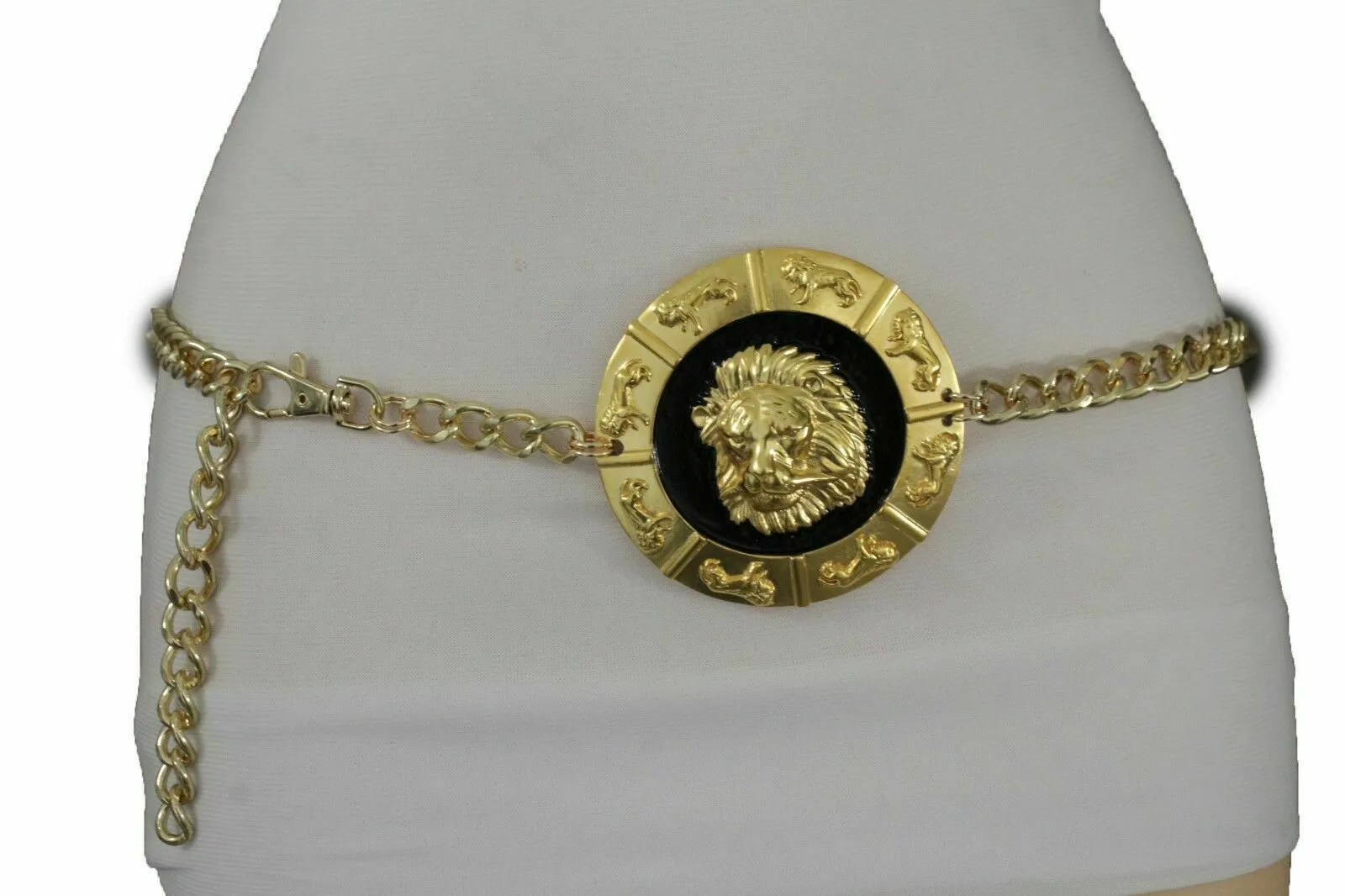 Gold Metal Chain Belt with Large Lion Head Medallion Pendant