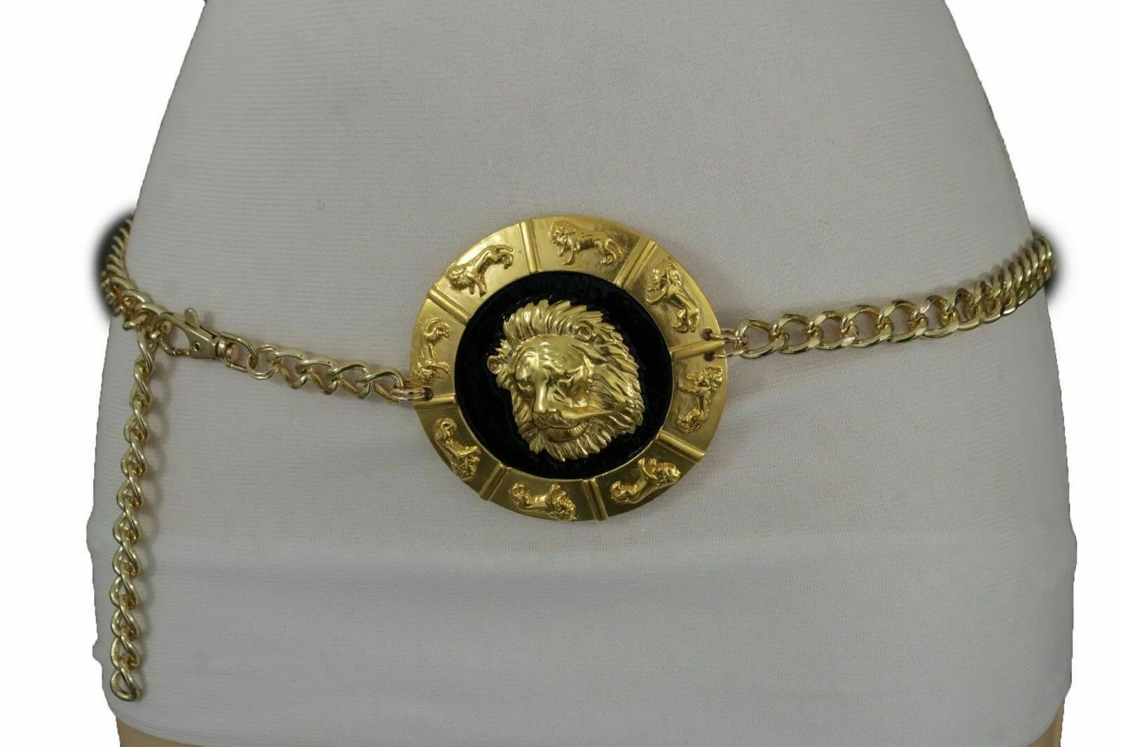 Gold Metal Chain Belt with Large Lion Head Medallion Pendant