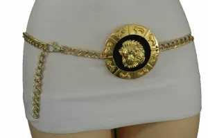 Gold Metal Chain Belt with Large Lion Head Medallion Pendant