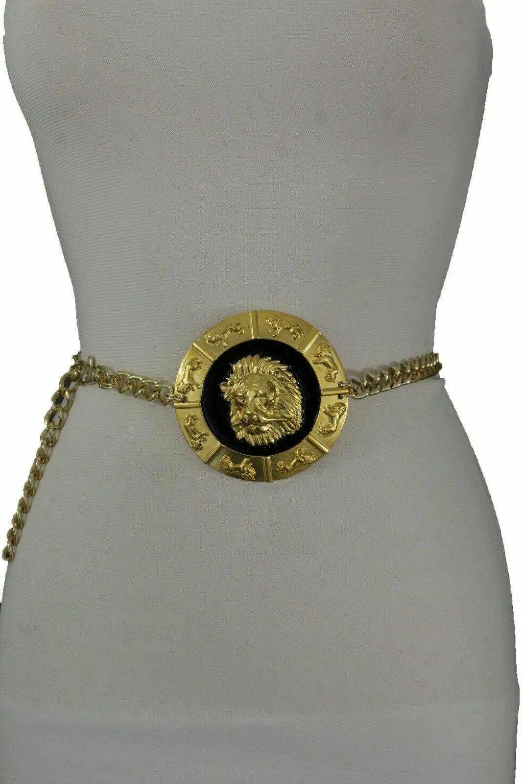 Gold Metal Chain Belt with Large Lion Head Medallion Pendant