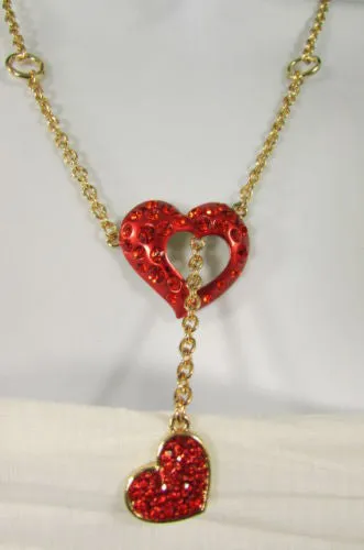 Gold Metal Chain Inside Out Red Heart Rhinestone Long Necklace