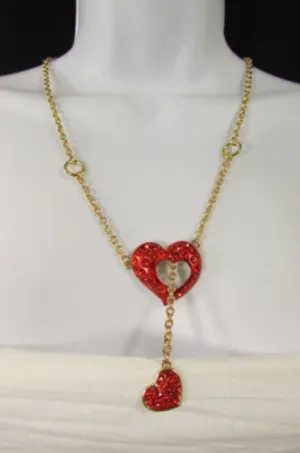 Gold Metal Chain Inside Out Red Heart Rhinestone Long Necklace