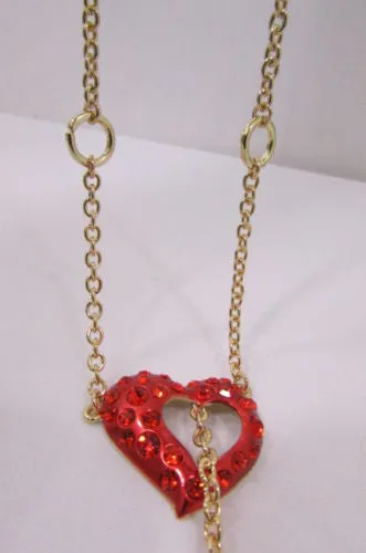 Gold Metal Chain Inside Out Red Heart Rhinestone Long Necklace