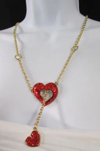 Gold Metal Chain Inside Out Red Heart Rhinestone Long Necklace