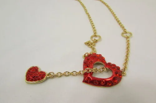 Gold Metal Chain Inside Out Red Heart Rhinestone Long Necklace