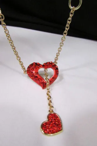 Gold Metal Chain Inside Out Red Heart Rhinestone Long Necklace