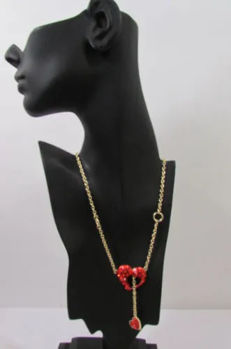 Gold Metal Chain Inside Out Red Heart Rhinestone Long Necklace