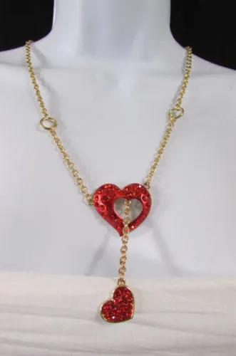 Gold Metal Chain Inside Out Red Heart Rhinestone Long Necklace