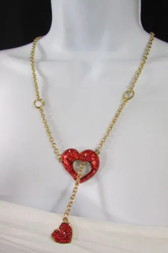 Gold Metal Chain Inside Out Red Heart Rhinestone Long Necklace