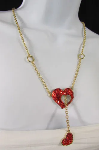 Gold Metal Chain Inside Out Red Heart Rhinestone Long Necklace