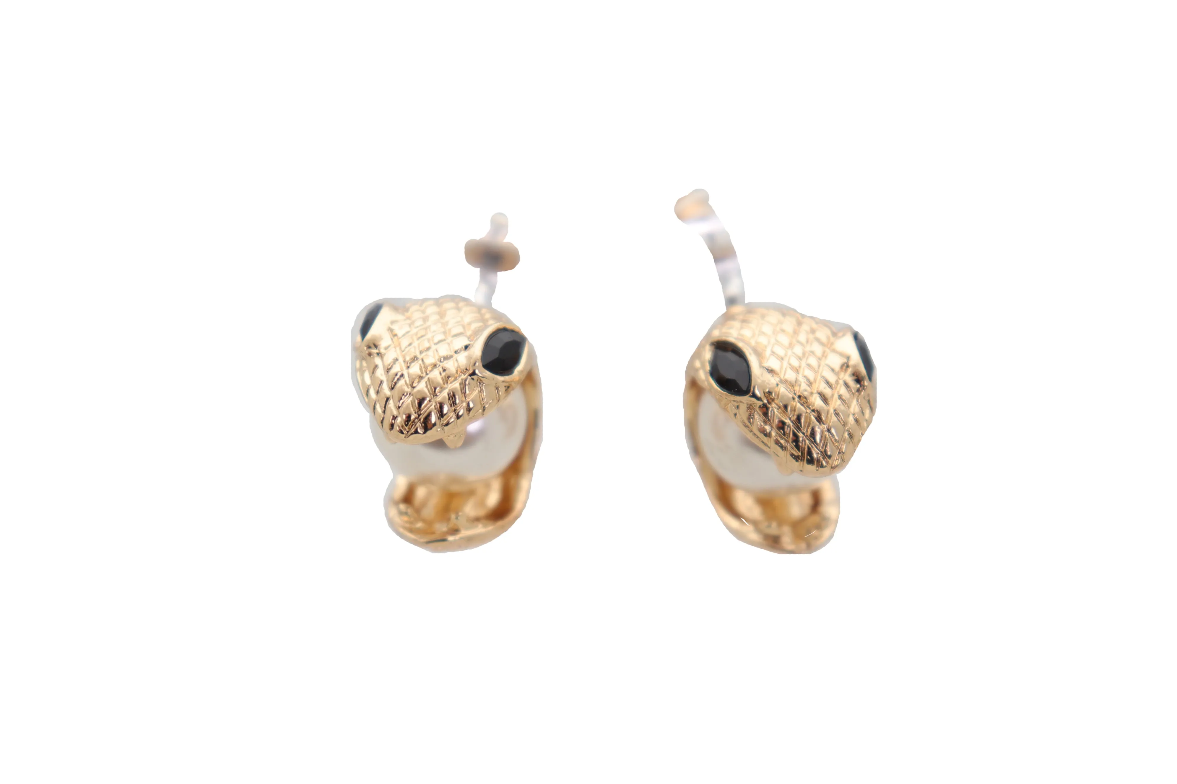 Gold Metal Cobra Mouth Bite Snake Pearl Beads Earrings