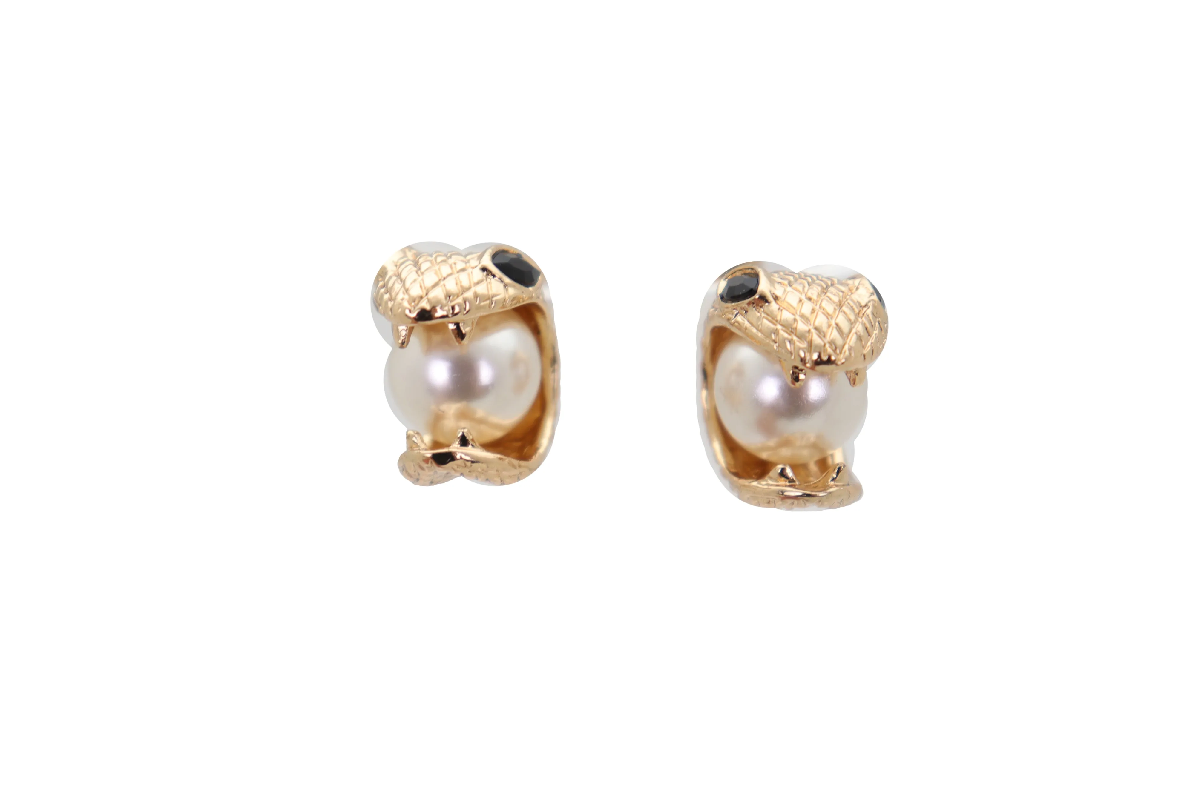 Gold Metal Cobra Mouth Bite Snake Pearl Beads Earrings