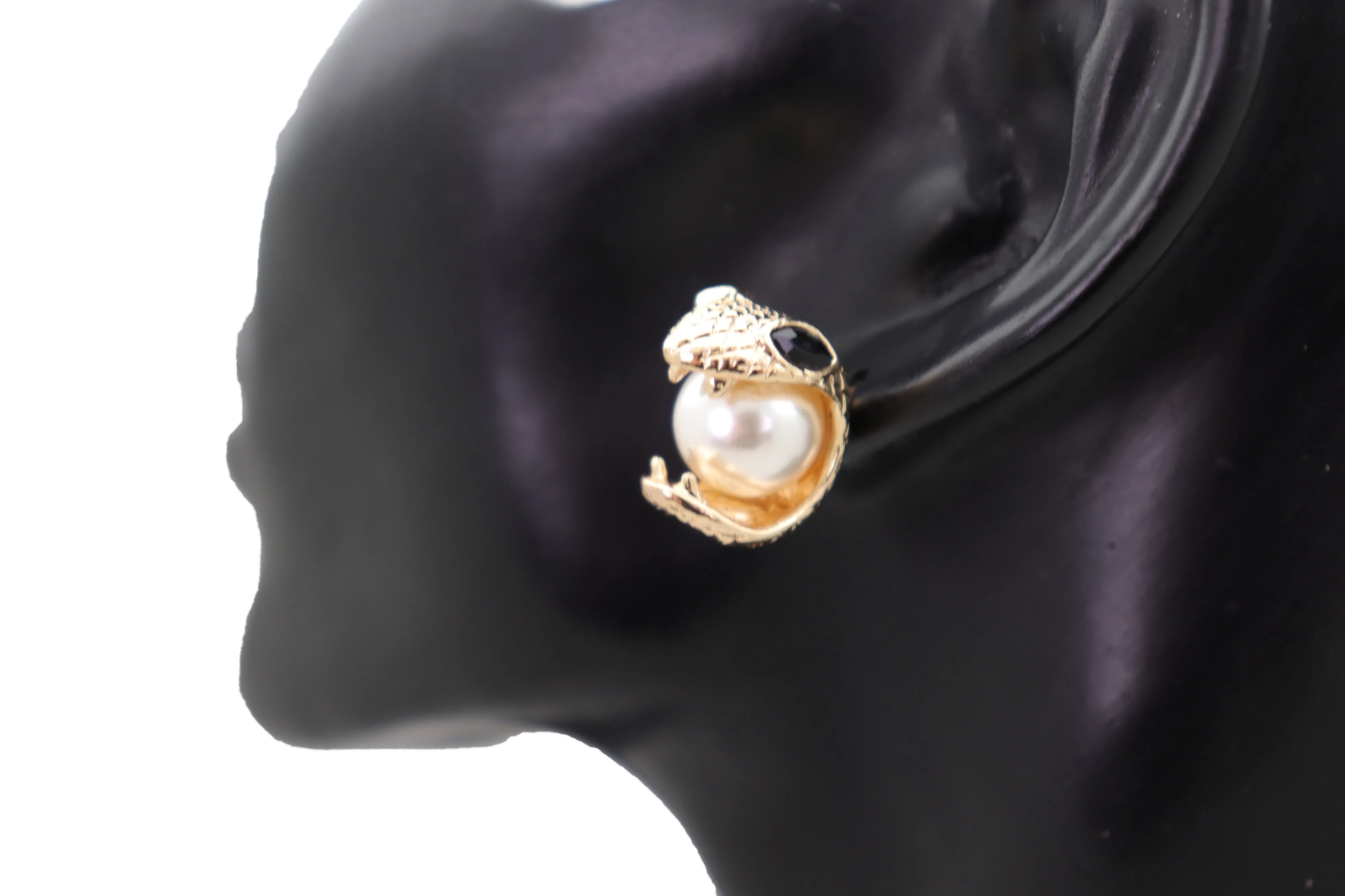 Gold Metal Cobra Mouth Bite Snake Pearl Beads Earrings