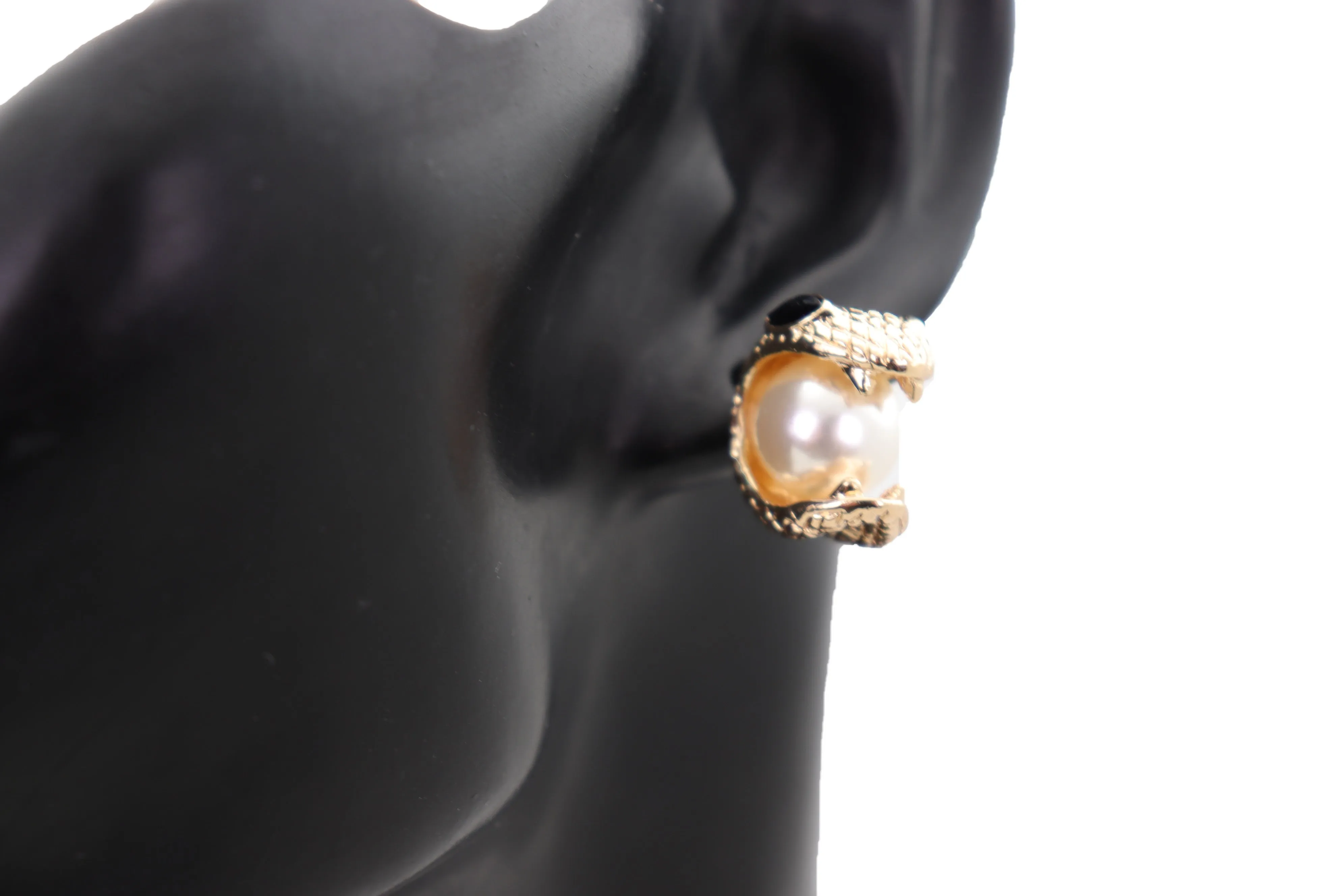 Gold Metal Cobra Mouth Bite Snake Pearl Beads Earrings