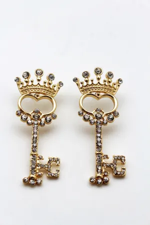 Gold Metal Key Queen Crown King Silver Beads Charm Earrings Set