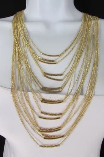 Gold Metal Multi Chains Waves 15 Strands 22" Long Necklace Earrings