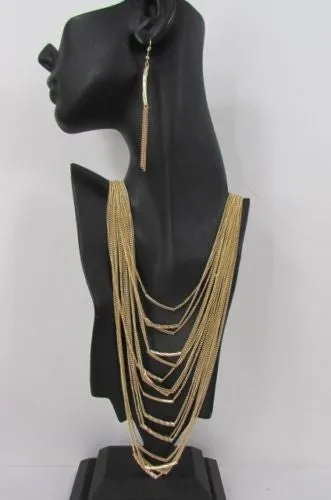 Gold Metal Multi Chains Waves 15 Strands 22" Long Necklace Earrings