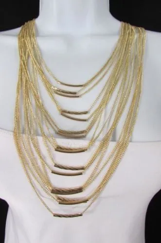 Gold Metal Multi Chains Waves 15 Strands 22" Long Necklace Earrings