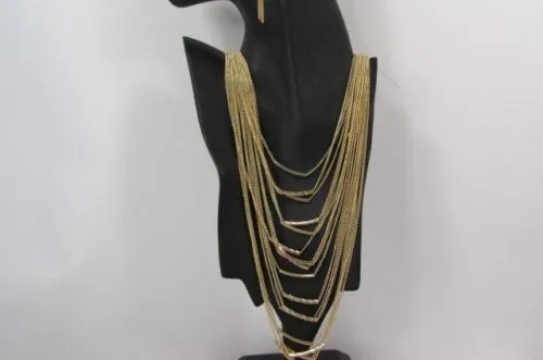 Gold Metal Multi Chains Waves 15 Strands 22" Long Necklace Earrings