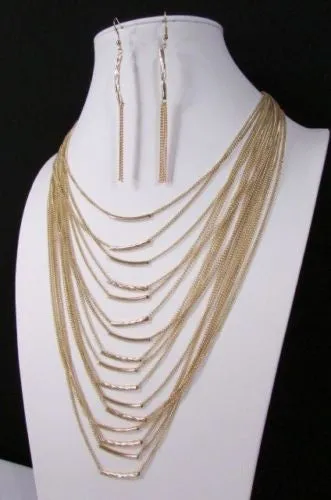 Gold Metal Multi Chains Waves 15 Strands 22" Long Necklace Earrings