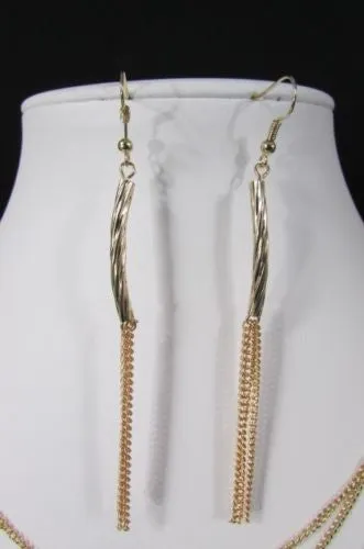 Gold Metal Multi Chains Waves 15 Strands 22" Long Necklace Earrings