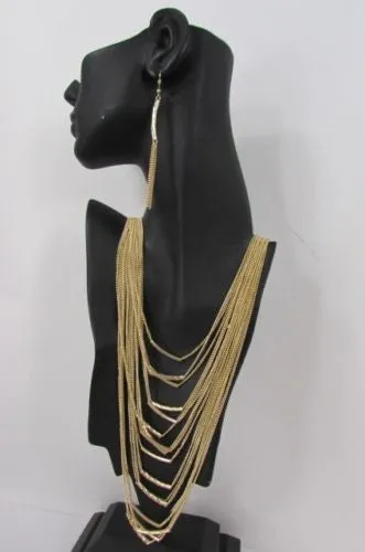 Gold Metal Multi Chains Waves 15 Strands 22" Long Necklace Earrings