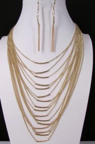 Gold Metal Multi Chains Waves 15 Strands 22" Long Necklace Earrings