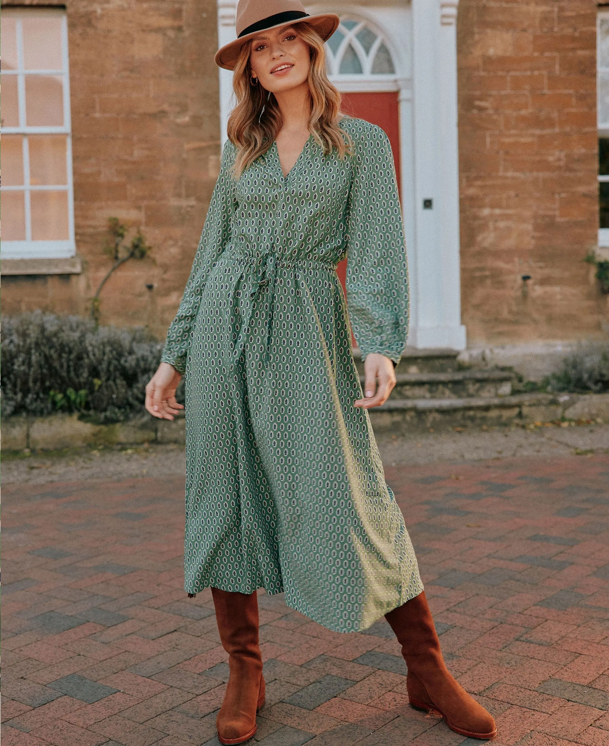 Imogen Long Sleeve Belted Midi Dress - Geoleaf