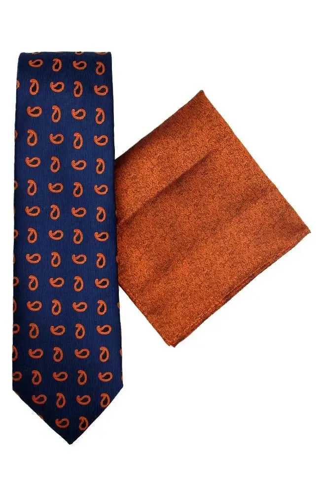 L A Smith Blue And Orange Paisley Tie And Hank Set