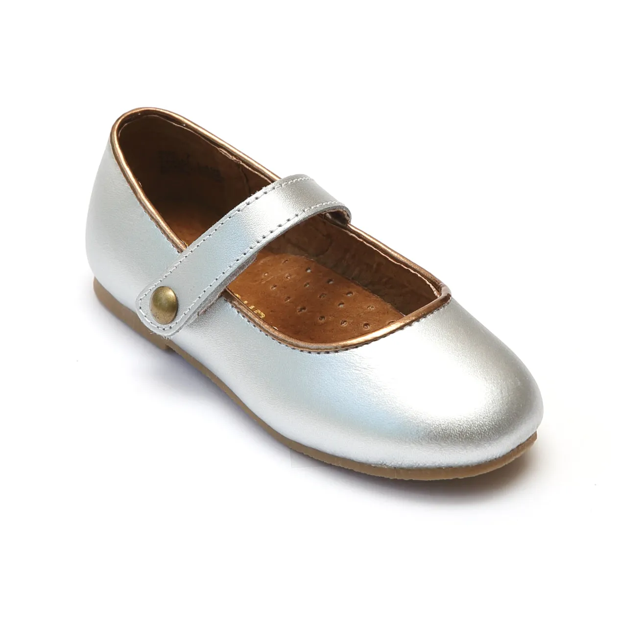 L'Amour Girls Classic Button Strap Leather Flats